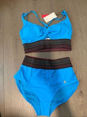 High-Rise Two-Piece Bikini Set in Bright Blue with Textured Waistband